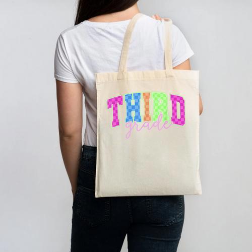 Back To School Neon Checkered Third Grade Colorful Teacher Canvas Tote Bag - teacherstshirts.com