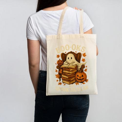 Books Are Spooktacular Ghost Book Reading Halloween Teachers Canvas Tote Bag - teacherstshirts.com AU