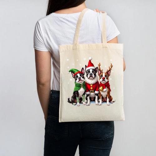 Boston Terrier Christmas Dogs Santa Reindeer Elf Canvas Tote Bag - Bostonterriersmerch.com