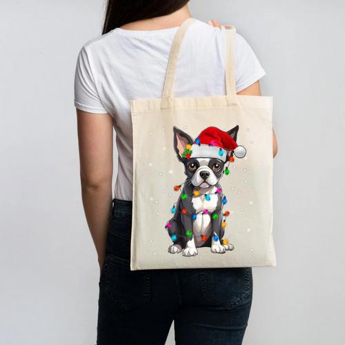 Boston Terrier Christmas Santa Hat Tree Lights Pajama Canvas Tote Bag - Bostonterriersmerch.com