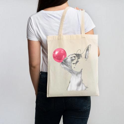 Boston Terrier Dog Blowing Chewing Bubble Gum Pink Canvas Tote Bag - Bostonterriersmerch.com UK