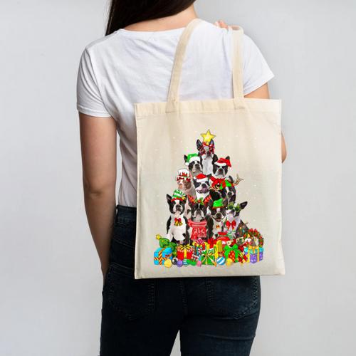 Boston Terrier Dog Christmas Tree Lights Xmas Pajama For Men Women Kids Canvas Tote Bag - Bostonterriersmerch.com