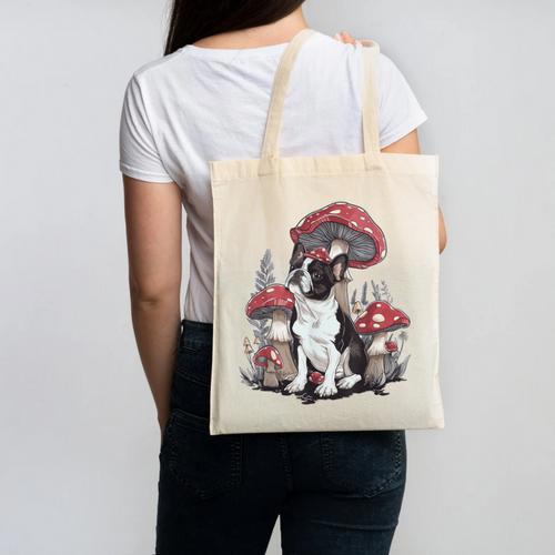 Boston Terrier Dog Cottagecore Aesthetic Mushroom Hat Canvas Tote Bag - Bostonterriersmerch.com DE