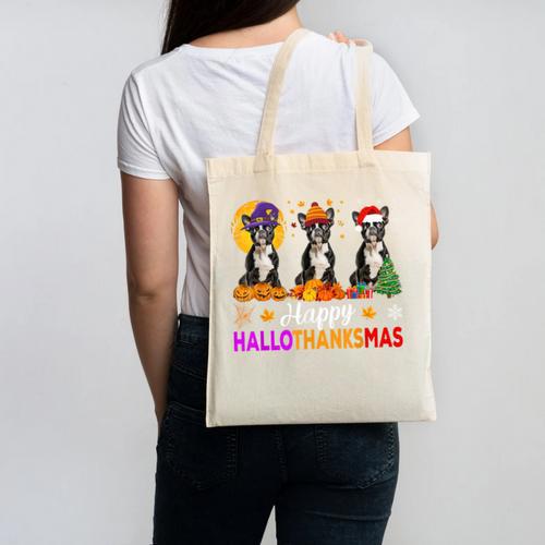 Boston Terrier Dog Halloween Christmas Hallothanksmas Men Women Kids Canvas Tote Bag - Bostonterriersmerch.com