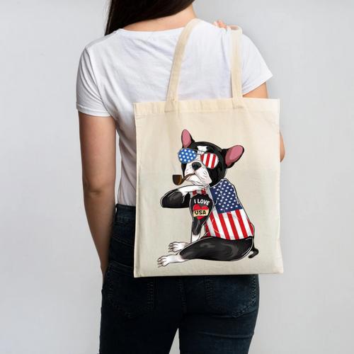Boston Terrier Dog Merica 4th Of July Usa American Flag Men Canvas Tote Bag - Bostonterriersmerch.com CA