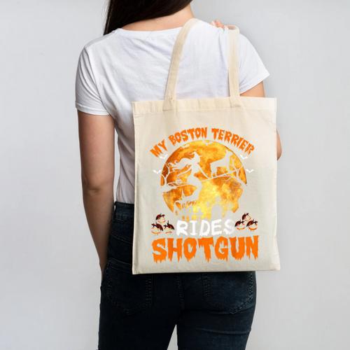 My Boston Terrier Dog Rides Shotgun Witch Halloween Men Women Canvas Tote Bag - Bostonterriersmerch.com