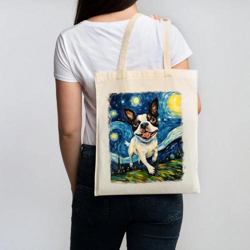 Boston Terrier Dog Starry Night Painting Canvas Tote Bag - Bostonterriersmerch.com DE