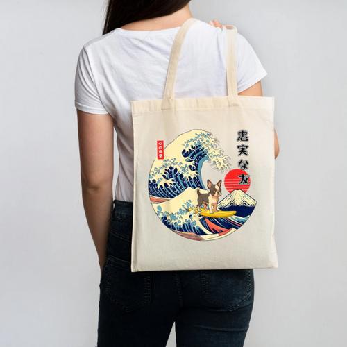 Boston Terrier Japanese Kanagawa Wave Surf Loyal Dog Men Women Kids Canvas Tote Bag - Bostonterriersmerch.com CA