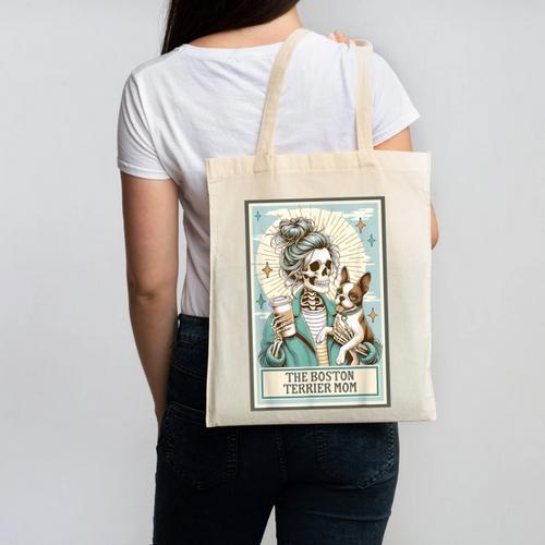 Boston Terrier Mom Skeleton Tarot Card Witch Vibes Dog Mom Canvas Tote Bag - Bostonterriersmerch.com