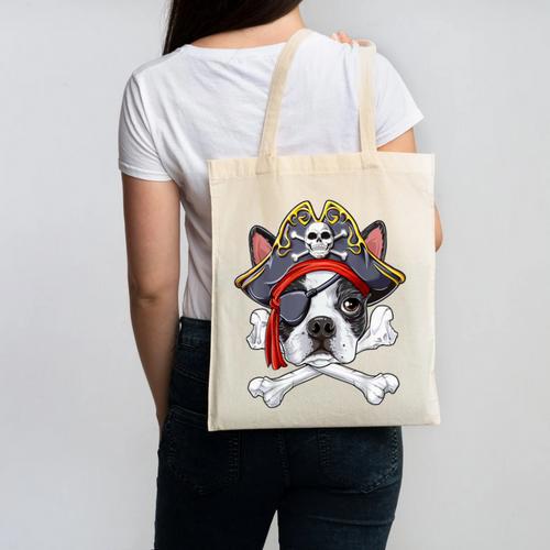 Boston Terrier Pirate T Shirt Jolly Roger Crossbones Skull Canvas Tote Bag - Bostonterriersmerch.com DE