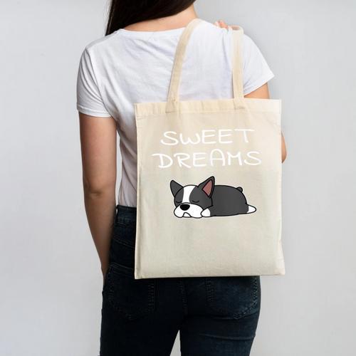 Boston Terrier Puppy Sweet Dreams Pajama For Bedtime Canvas Tote Bag - Bostonterriersmerch.com