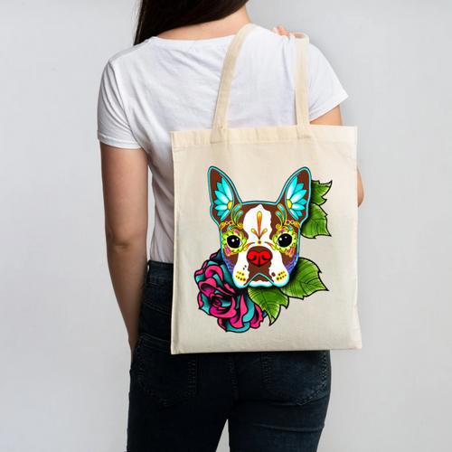 Boston Terrier In Red Day Of The Dead Sugar Skull Dog Canvas Tote Bag - Bostonterriersmerch.com