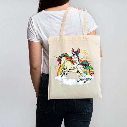 Boston Terrier Riding Unicorn Boys Girls Kids Rainbow Canvas Tote Bag - Bostonterriersmerch.com