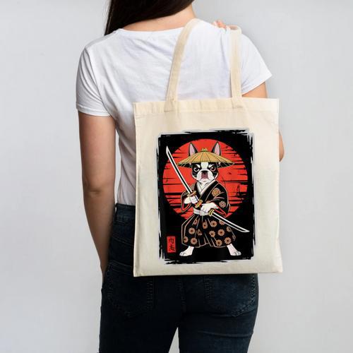 Boston Terrier Samurai Ninja Vintage Anime Japanese Ukiyo-e Canvas Tote Bag - Bostonterriersmerch.com