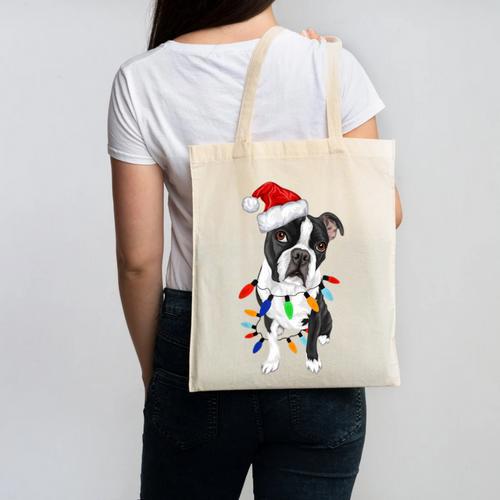 Boston Terrier Santa Christmas Lights Xmas Dog Lover Men Women Kids Canvas Tote Bag - Bostonterriersmerch.com CA