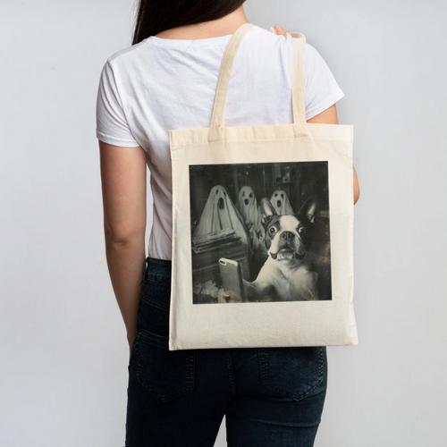 Boston Terrier Selfie With Ghosts Halloween Dog Lover Canvas Tote Bag - Bostonterriersmerch.com