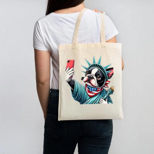 Boston Terrier Selfie Statue Of Liberty 4th Of July American Canvas Tote Bag - Bostonterriersmerch.com DE