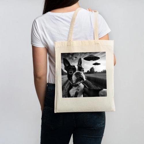 Boston Terrier Graphic Selfie With UFOs Weird Aliens Canvas Tote Bag - Bostonterriersmerch.com
