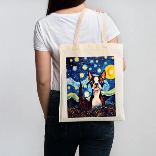 Boston Terrier Starry Night Van Gogh Art Canvas Tote Bag - Bostonterriersmerch.com