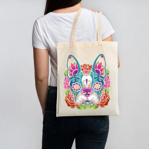 Boston Terrier Sugar Skull Dog Day Of The Dead Canvas Tote Bag - Bostonterriersmerch.com
