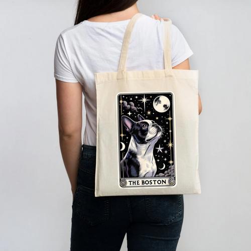 Boston Terrier Tarot Card Star With The Moon Men Women Kids Canvas Tote Bag - Bostonterriersmerch.com CA