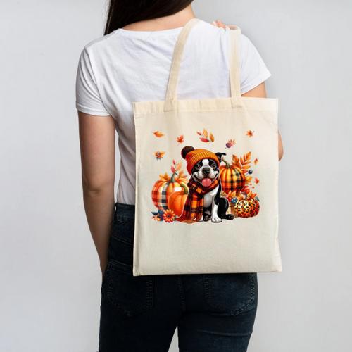 Boston Terrier Thanksgiving Leopard Pumpkins Fall Leaves Canvas Tote Bag - Bostonterriersmerch.com
