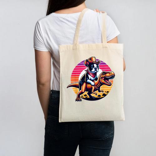 Boston Terrier Wearing A Cowboy Hat On T-Rex Canvas Tote Bag - Bostonterriersmerch.com DE