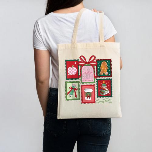 Christmas Teacher Stamps Canvas Tote Bag - teacherstshirts.com CA