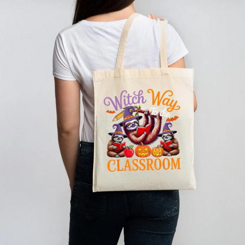Way To Classroom Halloween Witch Three Cute Sloths Teacher Canvas Tote Bag - teacherstshirts.com AU