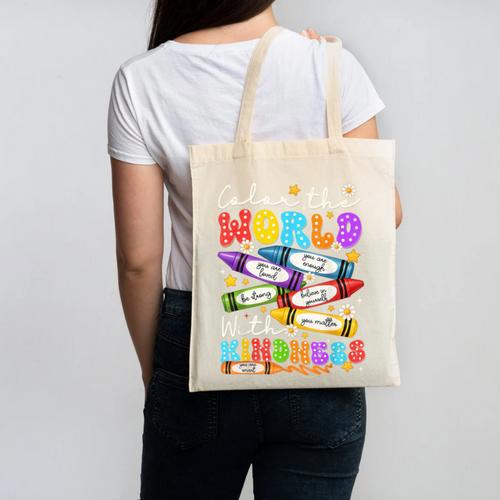 Color The World With Kindness Crayon Positivity Teacher Canvas Tote Bag - teacherstshirts.com