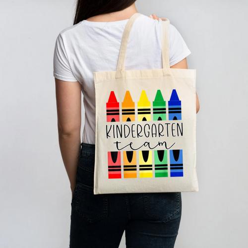 Colorful Crayon Kindergarten Team Tee For Teachers Students Men Women Kids Canvas Tote Bag - teacherstshirts.com AU