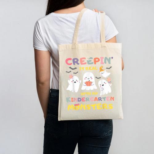 Creepin It Real With Kindergarten Monsters Halloween Teacher Canvas Tote Bag - teacherstshirts.com UK