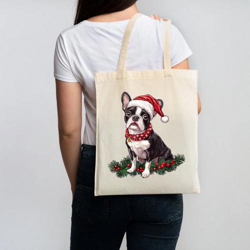 Cute Boston Terrier Dog Christmas Merry X-Mas Graphic Canvas Tote Bag - Bostonterriersmerch.com