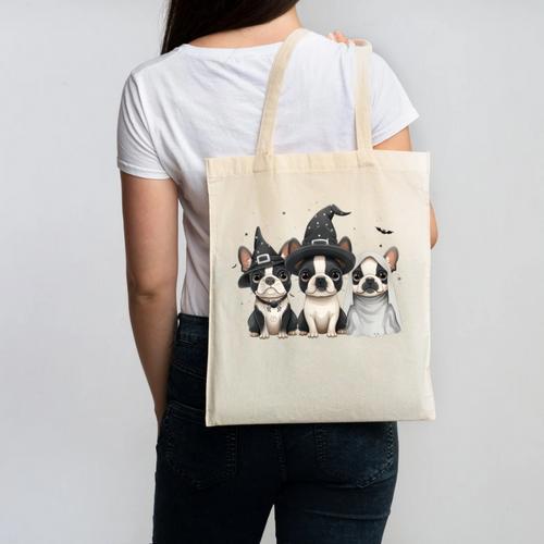 Cute Halloween Boston Terrier Dogs Witch Hat Ghost Dog For Men Women Kids Canvas Tote Bag - Bostonterriersmerch.com