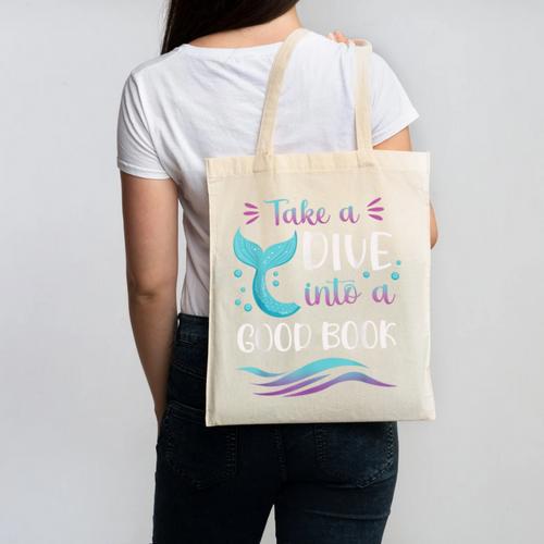 Cute Mermaid Librarian Teacher Dive Into A Good Book Reading Canvas Tote Bag - teacherstshirts.com AU