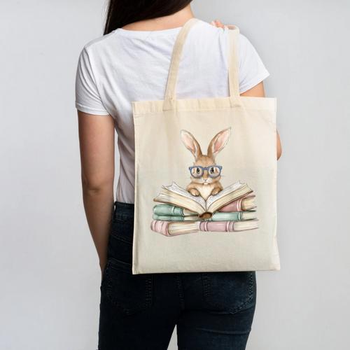 Cute Reading Bunny Glasses Books Bookworm Reader Teacher Canvas Tote Bag - teacherstshirts.com
