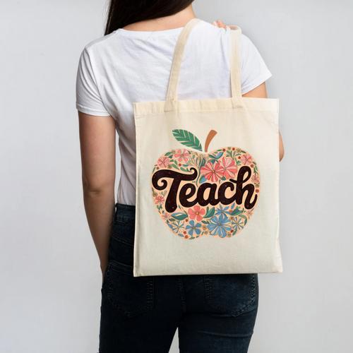Cute Teacher With Apple Retro Teacher Kids Back To School Canvas Tote Bag - teacherstshirts.com CA