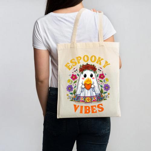 Espooky Vibes Spanish Mexican Halloween Ghost Teachers Canvas Tote Bag - teacherstshirts.com AU