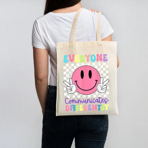 Everyone Communicates Differently Autism Awareness Teacher Canvas Tote Bag - teacherstshirts.com UK