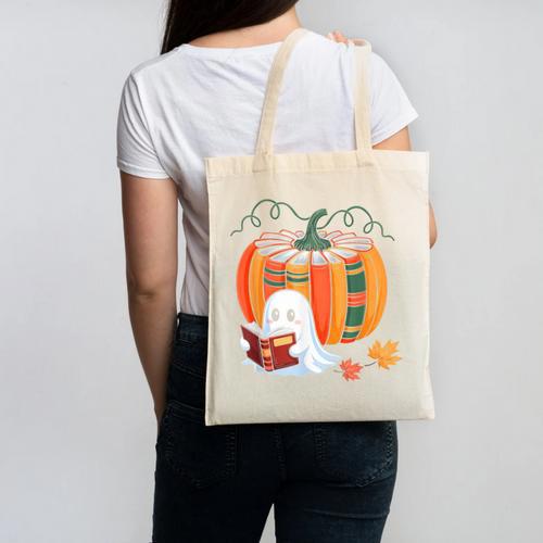 Fall Book Pumpkin Ghost Reading Books Halloween Teacher Canvas Tote Bag - teacherstshirts.com AU