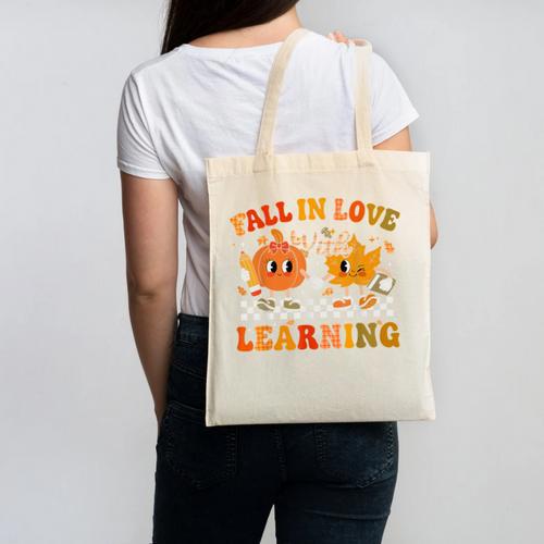 Fall In Love With Learning Autumn Pumpkin Fall Teacher Kids Canvas Tote Bag - teacherstshirts.com AU