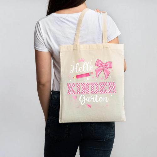 First Day Of School Teacher Girl Coquette Hello Kindergarten Canvas Tote Bag - teacherstshirts.com UK