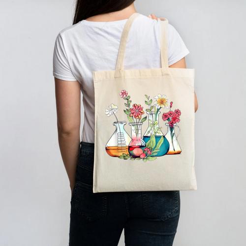 Floral Beakers Chemistry Lab Teacher Canvas Tote Bag - teacherstshirts.com UK
