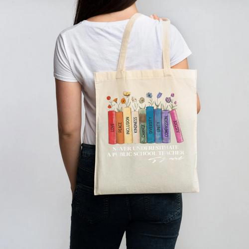 Floral Books Never Underestimate A Public School Teacher Canvas Tote Bag - teacherstshirts.com DE