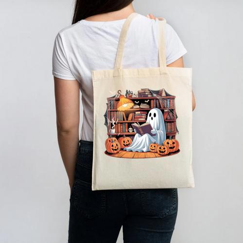Ghost Book Reading Halloween Books Lover Teacher Canvas Tote Bag - teacherstshirts.com AU
