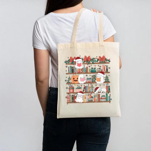 Ghost Christmas Reading Book Lover Library Christmas Teacher Canvas Tote Bag - teacherstshirts.com CA