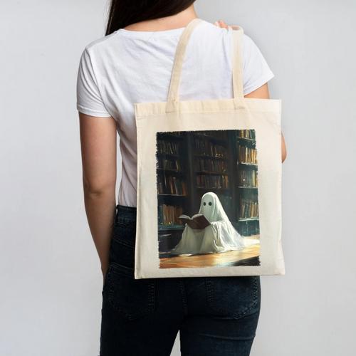 Ghost Library Halloween Book Reading Books Lover Teacher Canvas Tote Bag - teacherstshirts.com AU