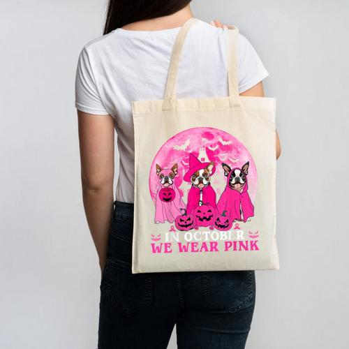Ghost And Witch Boston Terrier Dog In October We Wear Pink Canvas Tote Bag - Bostonterriersmerch.com