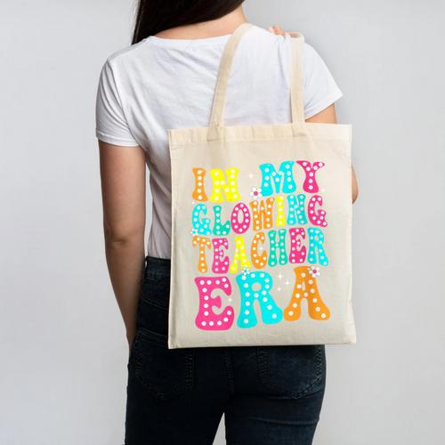 In My Glowing Teacher Era Groovy Colorful Bright Canvas Tote Bag - teacherstshirts.com CA
