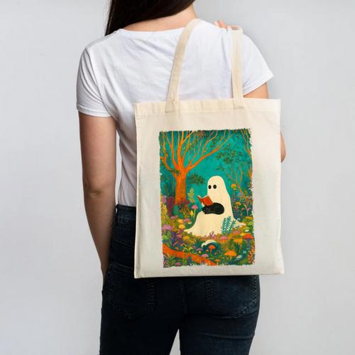 Groovy Ghost Reading Book Cat Halloween Ghost Teacher Canvas Tote Bag - teacherstshirts.com CA